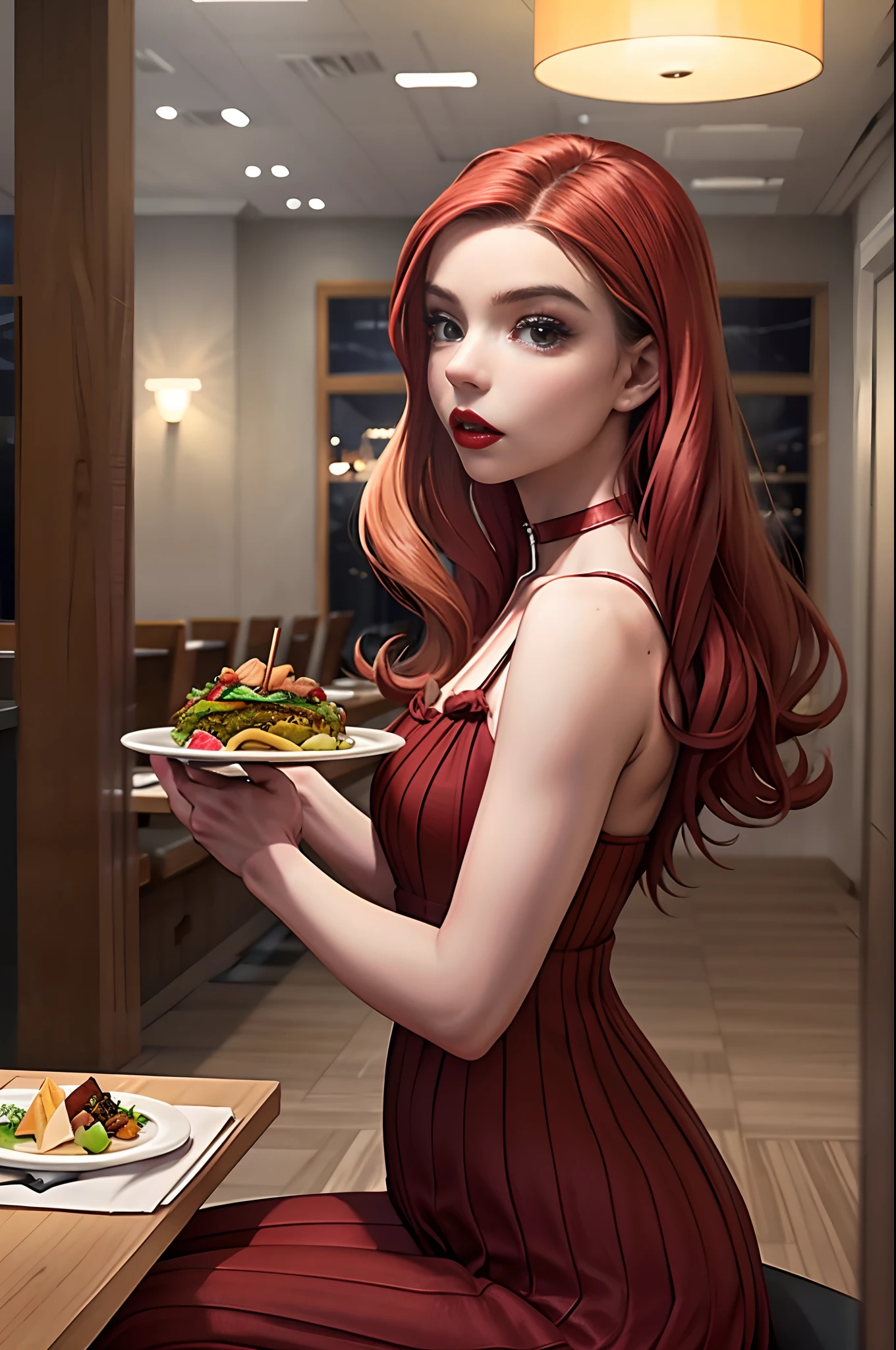 Masterpiece, realistic, detailed, studio lighting, Anya Taylor-Joy, long red hair, red luscious lips, at fancy restaurant, customers eating at restaurant in background, sitting at table, table full of food,eating food, wearing long red dress, wearing choker, sexy pose, thin body,