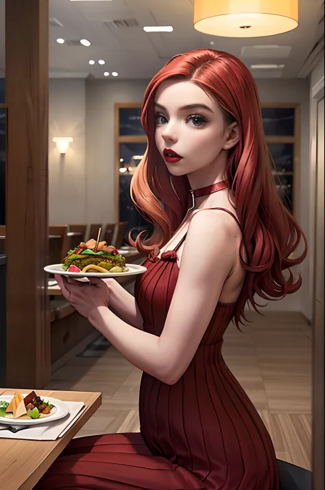 Masterpiece, realistic, detailed, studio lighting, Anya Taylor-Joy, long red hair, red luscious lips, at fancy restaurant, custo...
