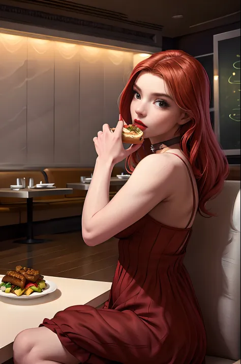 Masterpiece, realistic, detailed, studio lighting, Anya Taylor-Joy, long red hair, red luscious lips, at fancy restaurant, custo...