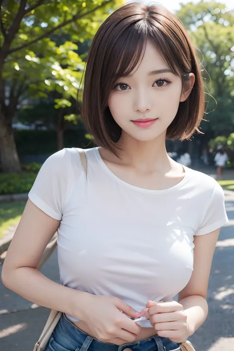 Cute 21 years old Japan、a park、Super Detail Face、Eye of Detail、二重まぶた、beautiful thin nose、foco nítido:1.2、prety woman:1.4、(light brown hair,short-haired、),fair white skin、 C cup breasts、top-quality、​masterpiece、超A high resolution、(Photorealsitic:1.4)、Highly...