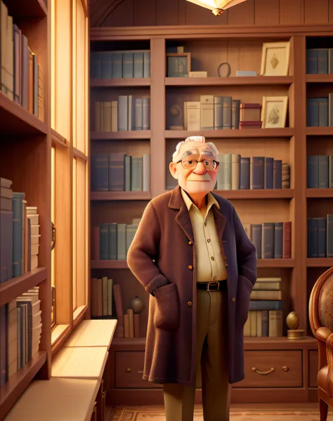 (best quality,highres),an old wise man standing in the front, illuminated by the light of a lamp,in front of a backdrop of a library,aged parchment books,antique bookcases,hazy warm lighting,leather armchair,dusty shelves,stacks of books reaching the ceili...