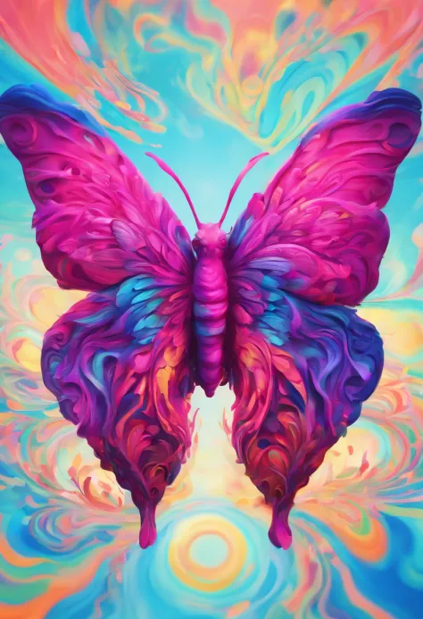 Super-realistic 3D fuchsia-colored butterfly, flight over a blue sea. This image evokes the  Phoenix