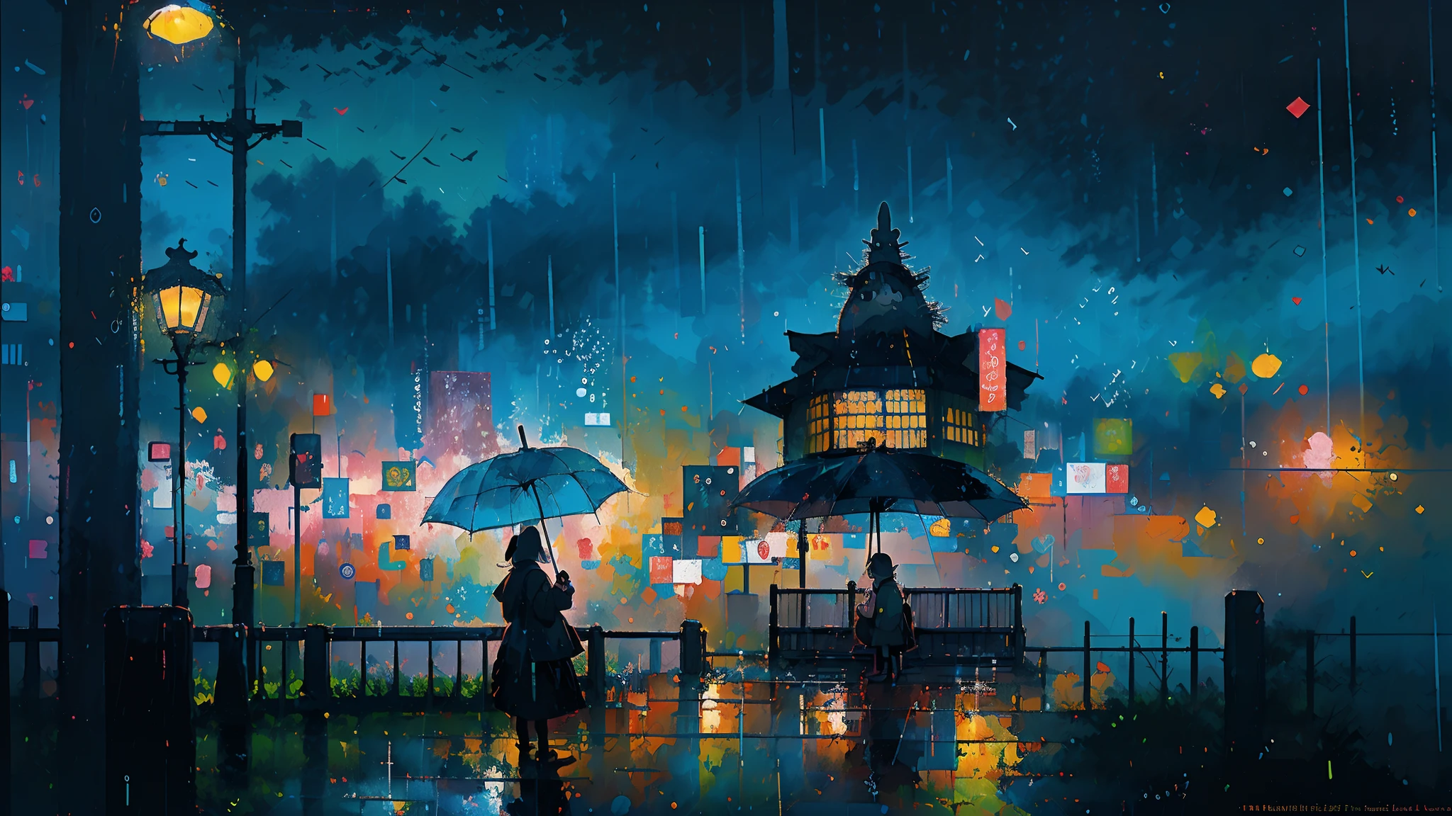 Hyperdetaillierte regenerative [Panne] Kunst, (KOAN), matte, untertrieben, (meditativ: 1.2), (harmonisch) Impressionismus, Zerebral, (verbunden), Labyrinth, (introspektiv), psyche, ausgewogen und wechselseitig, Regenstil, Konzept: (Totoro hält einen Regenschirm, Warten auf einen Bus in der regnerischen Nacht)