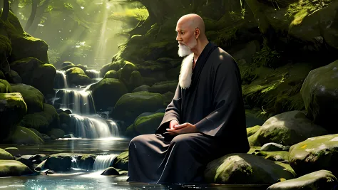 handsome old monk, meditating sitting, on the bank of a river full of stones, watching a lonely leaf floating in the water again...