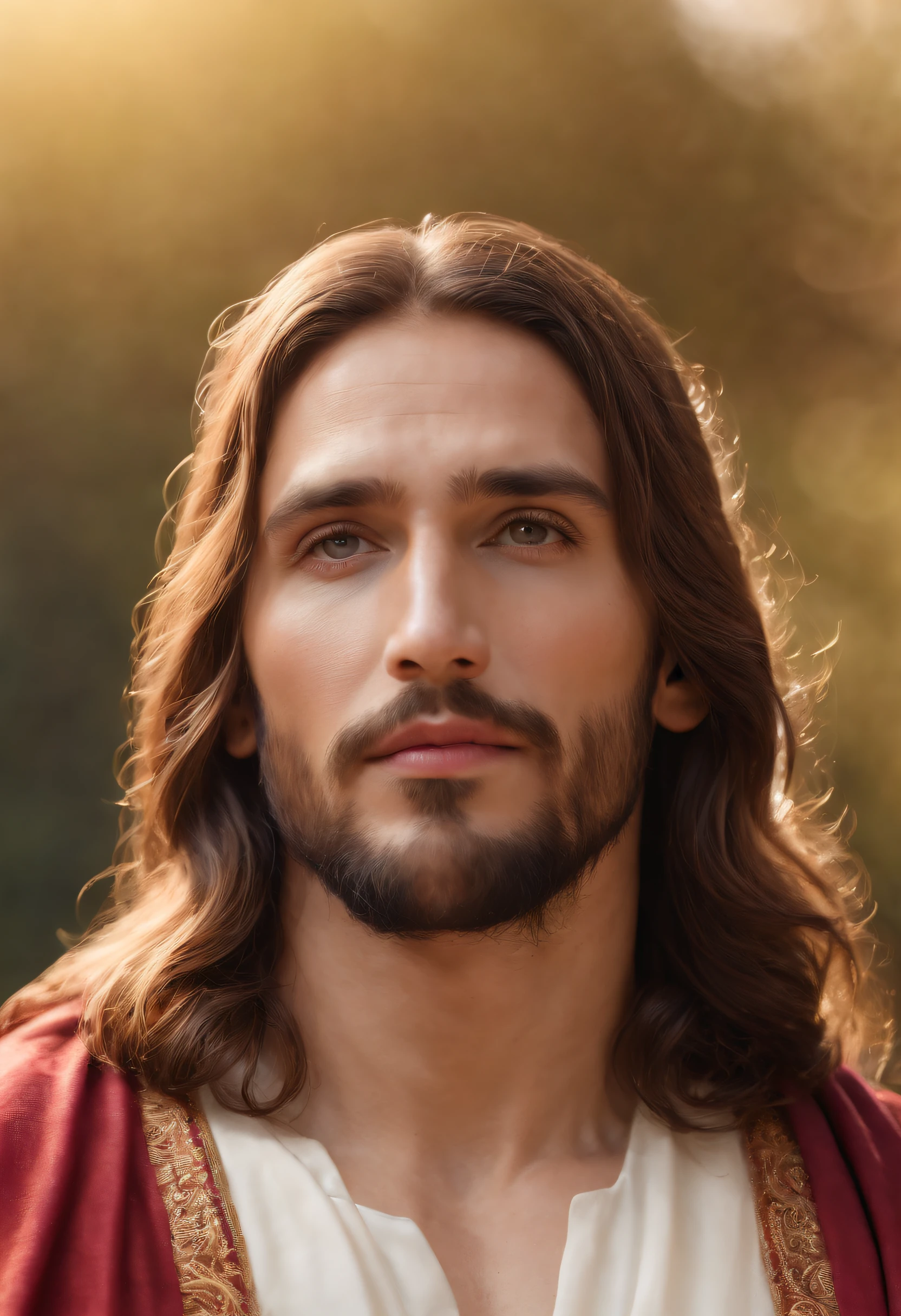 jesus chirst(high quality,hdr,8k:1.2),ultra-detailed,(realistic,photorealistic,photo-realistic:1.37),a full body, staring directly at the camera, breathtaking eyes, majestic presence, divine atmosphere, flowing long hair, bearded face, compassionate smile, intricate golden halo, calm and peaceful expression, soft and gentle lighting, vibrant colors, fine brushstrokes, translucent drapery, ornate robes, sacred aura, ethereal background, divine radiance, solemn and spiritual ambiance, iconic and iconic depiction