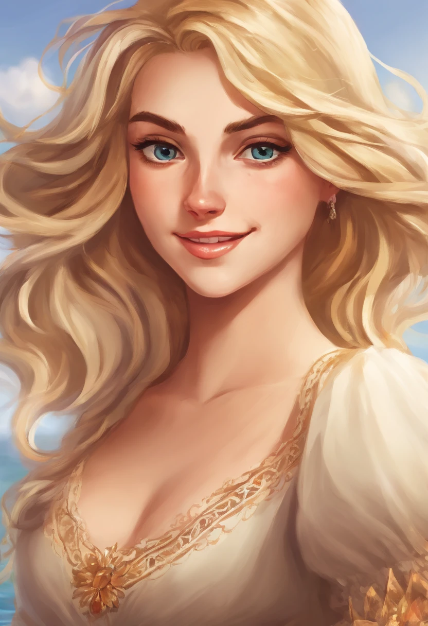 A drawing of a blonde woman with blue eyes and a white dress - SeaArt AI