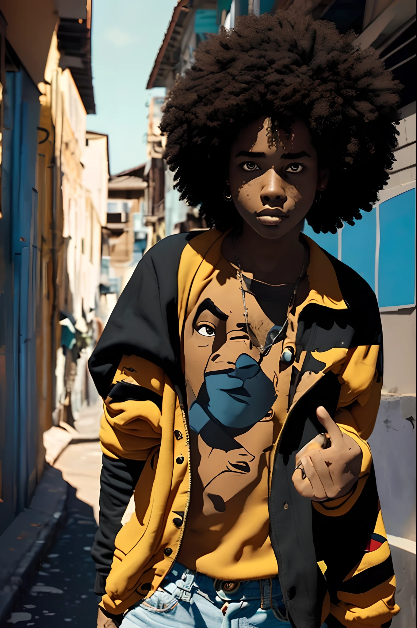 Pixar-style, 14 year old character, afro hair therefore, wearing sweatshirt,skin dark,skin black, adolescent, , Kizi,girl,dark blue vibrant background