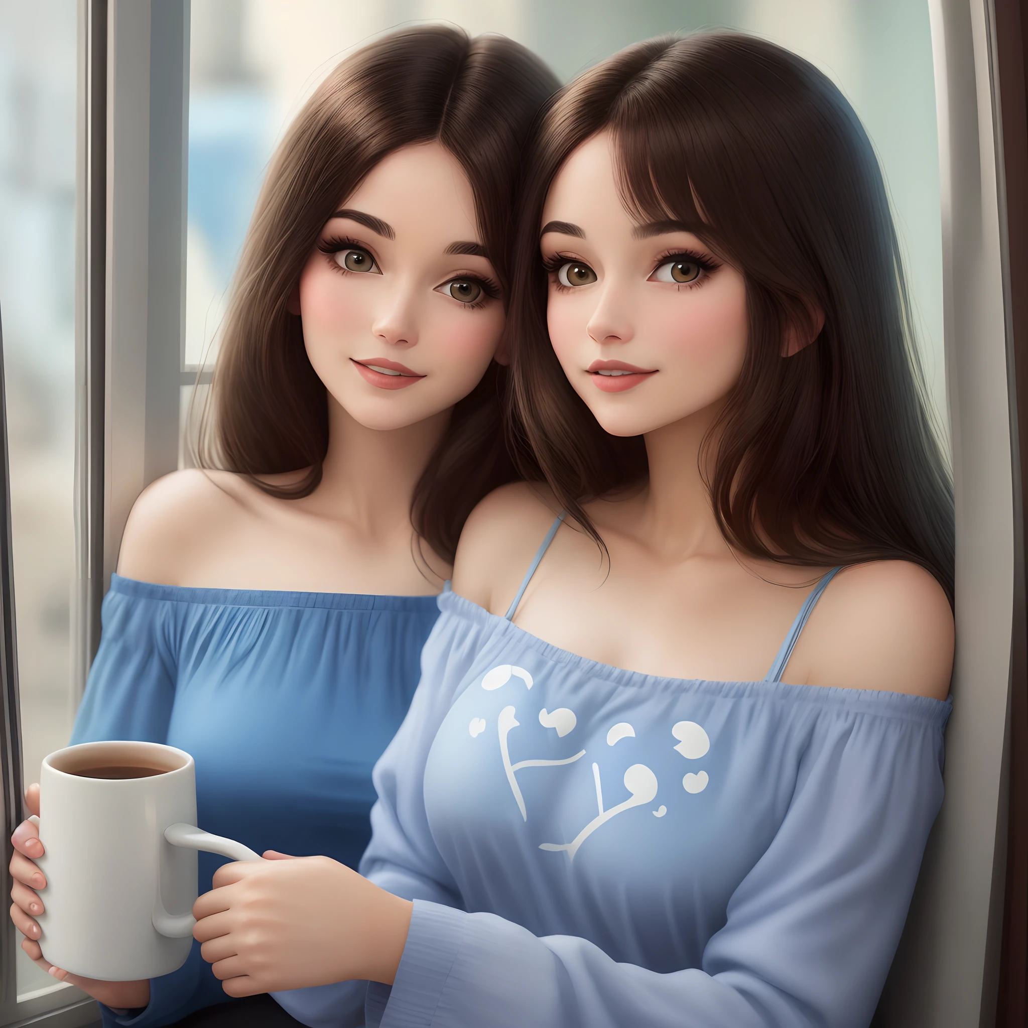 Two women are sitting next to each other holding a cup - SeaArt AI