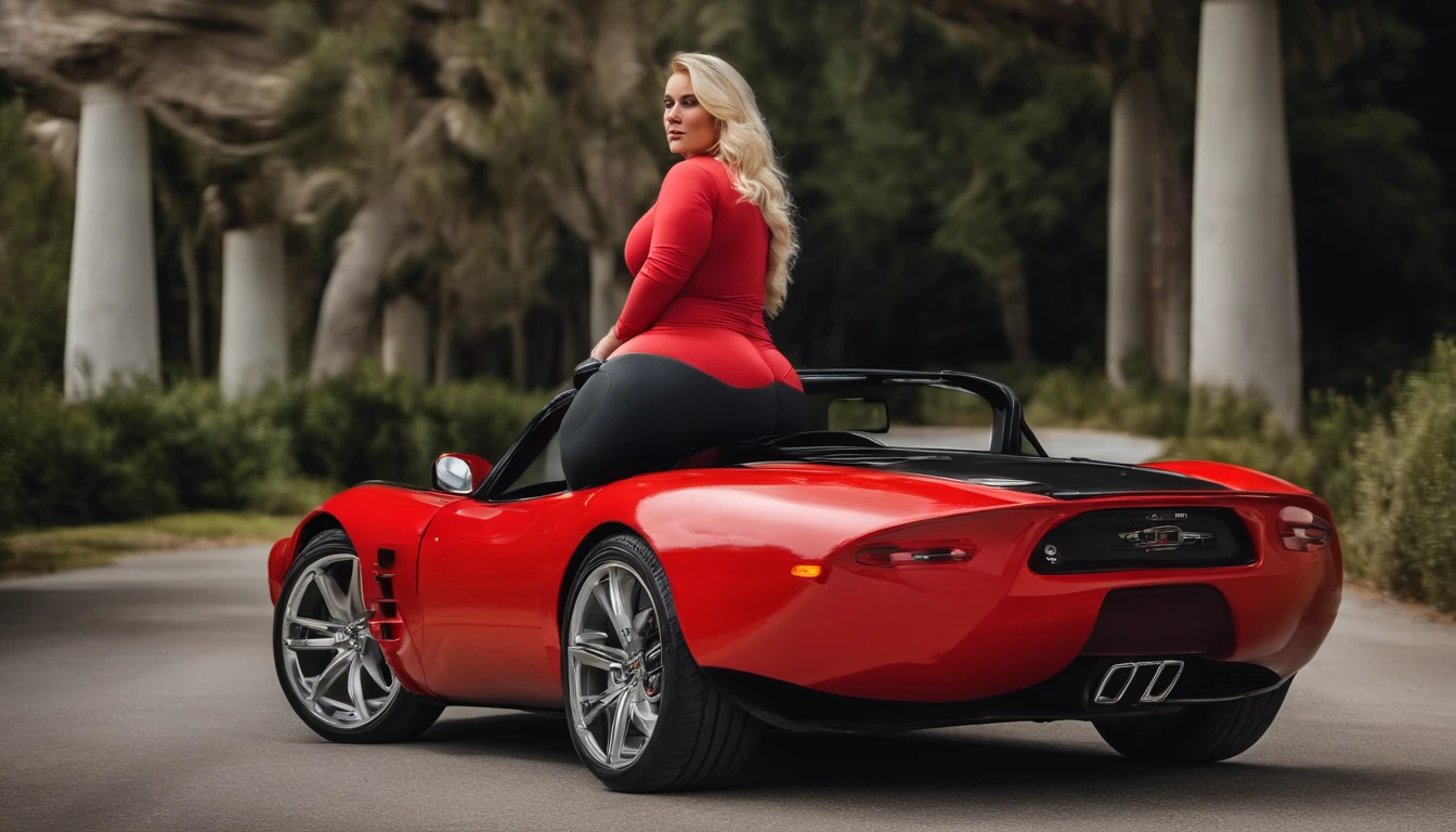 A woman in a red shirt is sitting on a red sports car - SeaArt AI