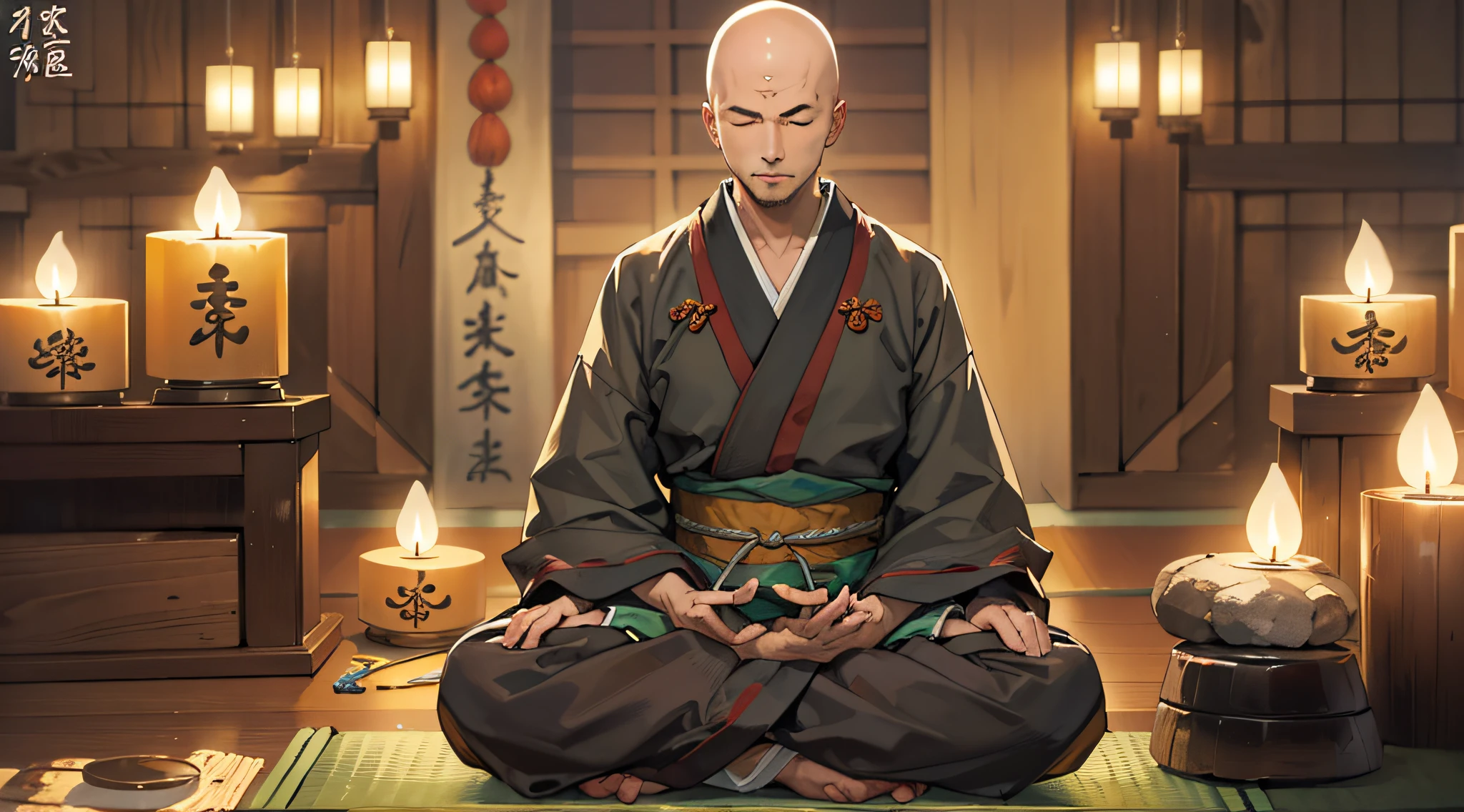 (masterpiece, best quality:1.2), (1man, solo), (50years old:1.1), (full body, sitting with YOGA meditation), Japanese monk's working clothes, (skin head, no hair), closing eyes, (Japanese old style room, a lot of candles)