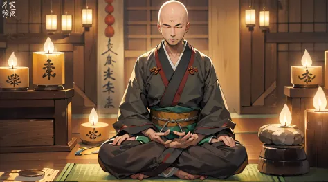 (masterpiece, best quality:1.2), (1man, solo), (50years old:1.1), (full body, sitting with YOGA meditation), Japanese monk's wor...