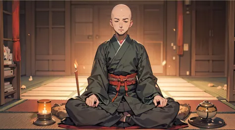 (masterpiece, best quality:1.2), (1man, solo), (50years old:1.1), (full body, sitting and meditation), Japanese monk's working c...