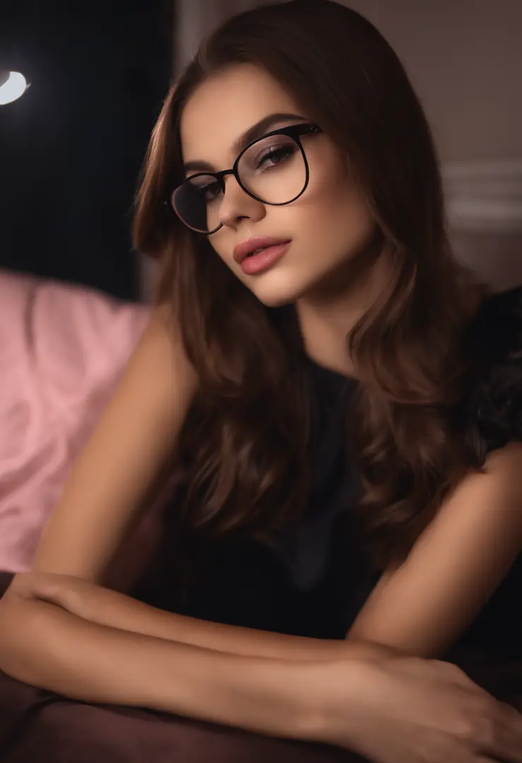 18 year old girl in her room by night wearing a black top brown hair big glossypink lips wearing glasses