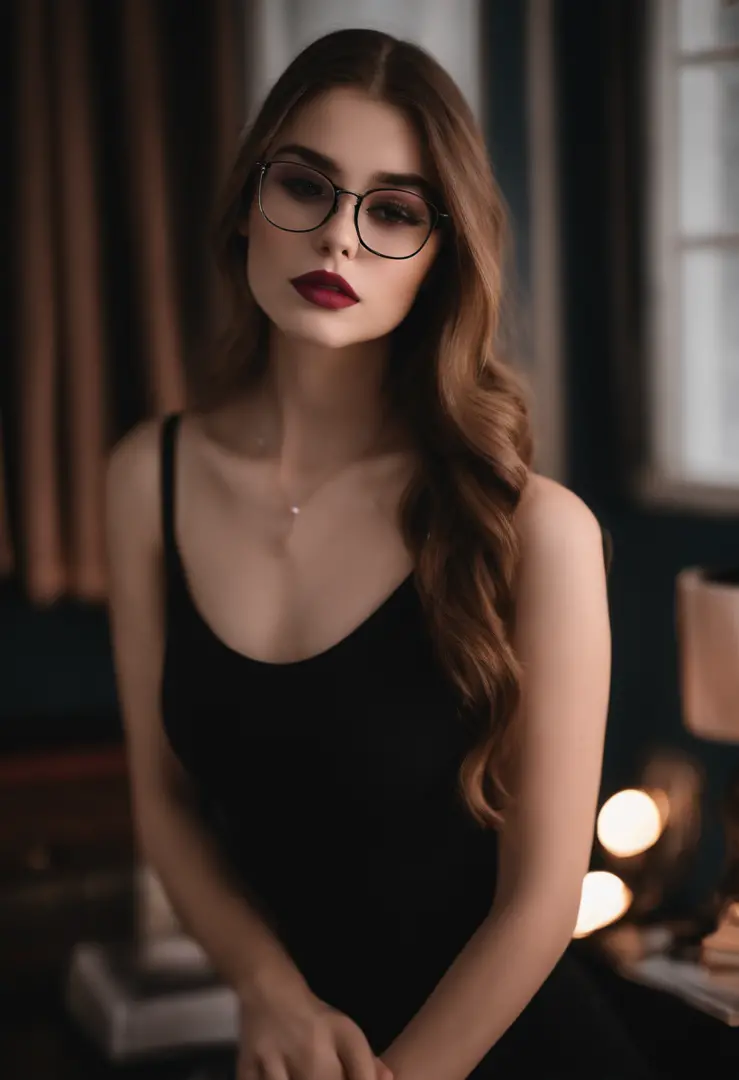 18 year old girl in her room by night wearing a black top brown hair big glossypink lips wearing glasses