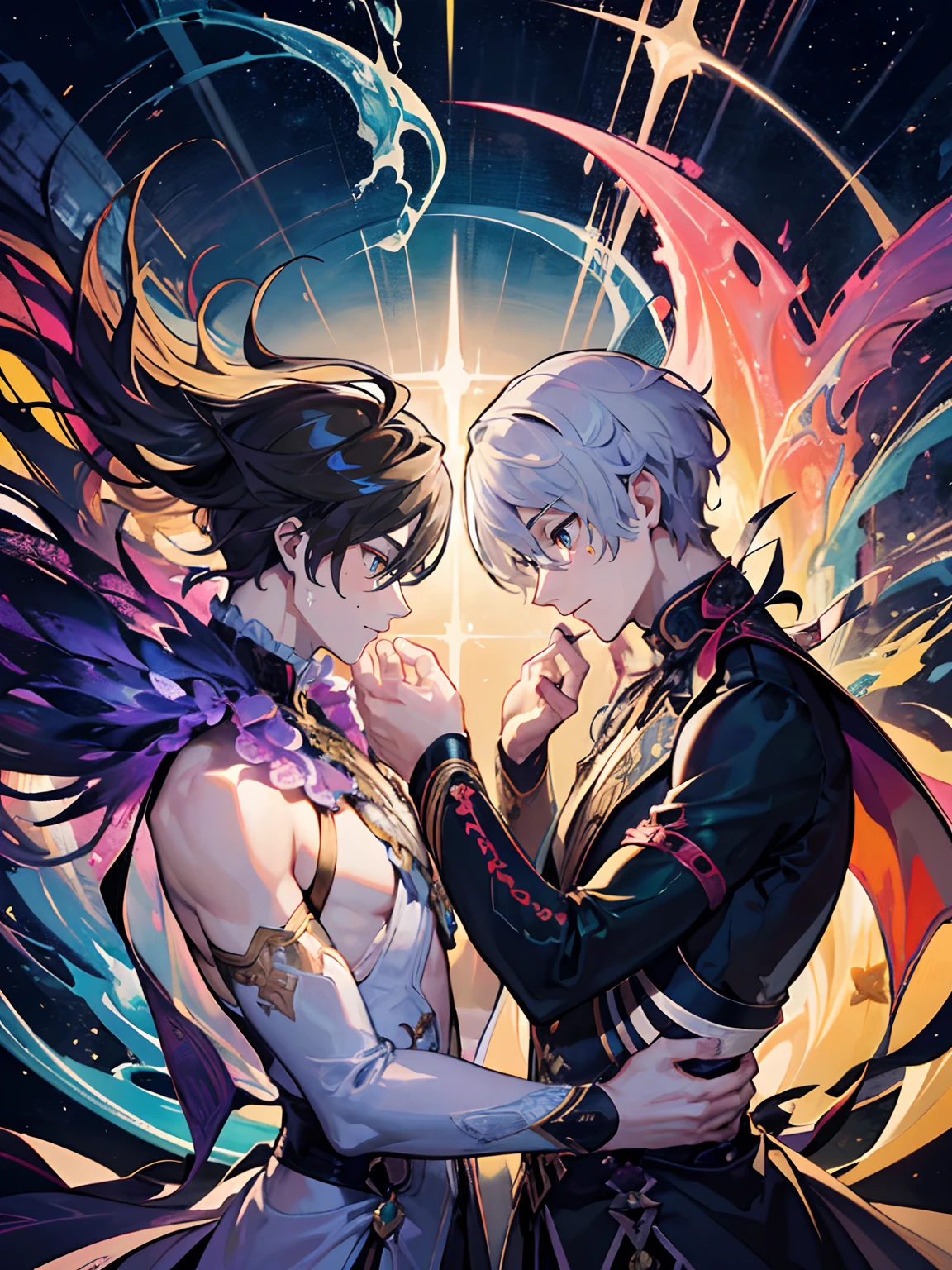 A couple of anime characters hugging in front of a bright light - SeaArt AI