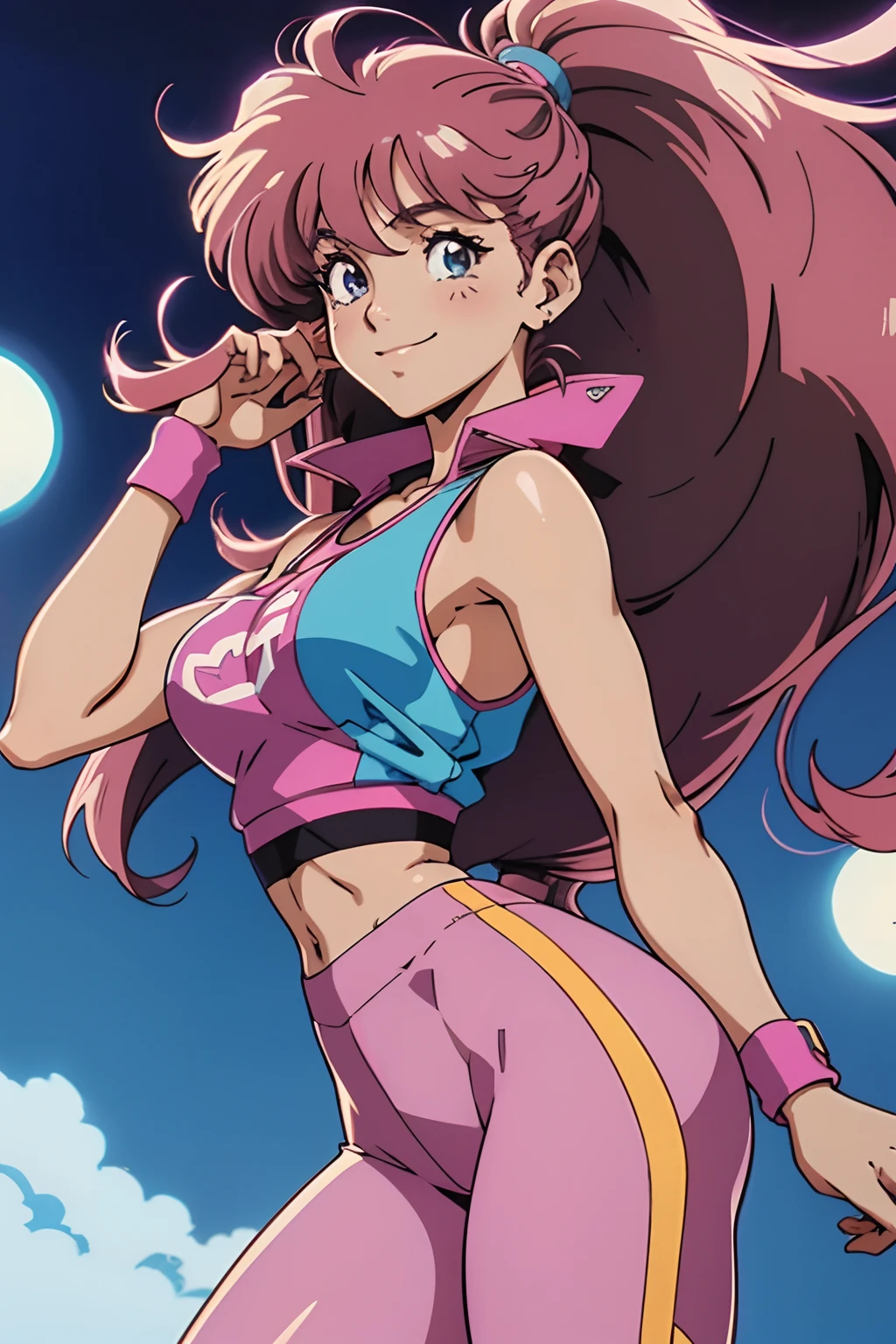 chica bonita de un anime de los 80, El anime de los 80, estática como de un anime de los 80, década de 1980 \(Estilo\), sonriente, pelo largo, traje de entrenamiento de los 80