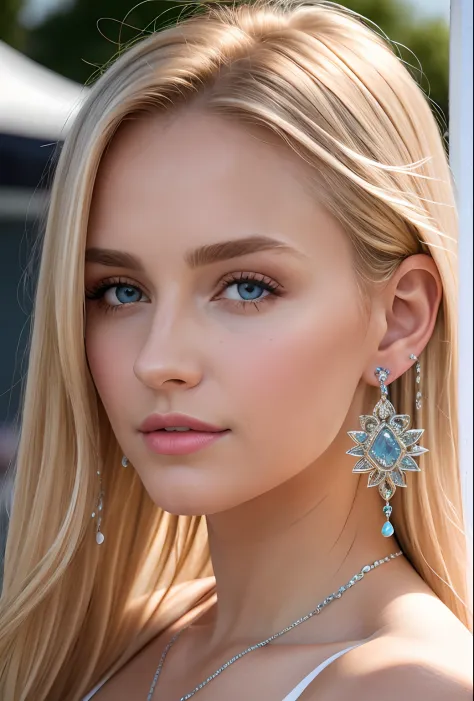 Blonde girl playing tennis, (masterpiece, best quality), intricate details, realistic, photorealistic, a close up of a woman wearing earrings, inspired by Emma Andijewska, draped in crystals, silver color, long earrings, sandra chevier, huge earrings, 2019...
