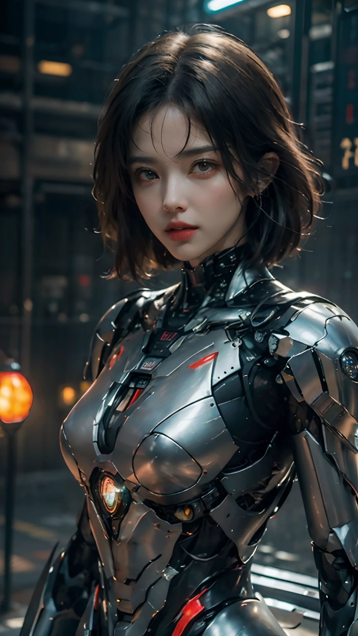 ((Masterpiece, The best quality)), illustration, 8K ultra-detailed, realist, sharp focus, Highly detailed, Pro Lighting, colorful details, Rainbow color break, Super Long Lens Factory, large mechanical robot structure, microchip, computer, luminescence, intricate details, shitu-mecha, 1girl, Use wick, belly button, color image, glow, (Cyberpunk)