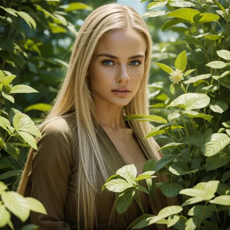 Hyper-realistic action scene in which a beautiful blonde woman closely examines the flora and fauna of America. "Add extremely precise details to plants, Animales, and the expression of astonishment on Columbus' face, 8k, CinematicLight, foto realista, Ren...