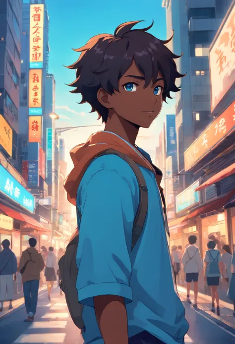 A black boy, Transform into an anime style, Exaggerate unique facial features and clothing, Light blue eyes and dark curls, Stand on the bustling city streets, The backlit background highlights the subject, High-contrast colors, 4K HD quality，Young, Smilin...