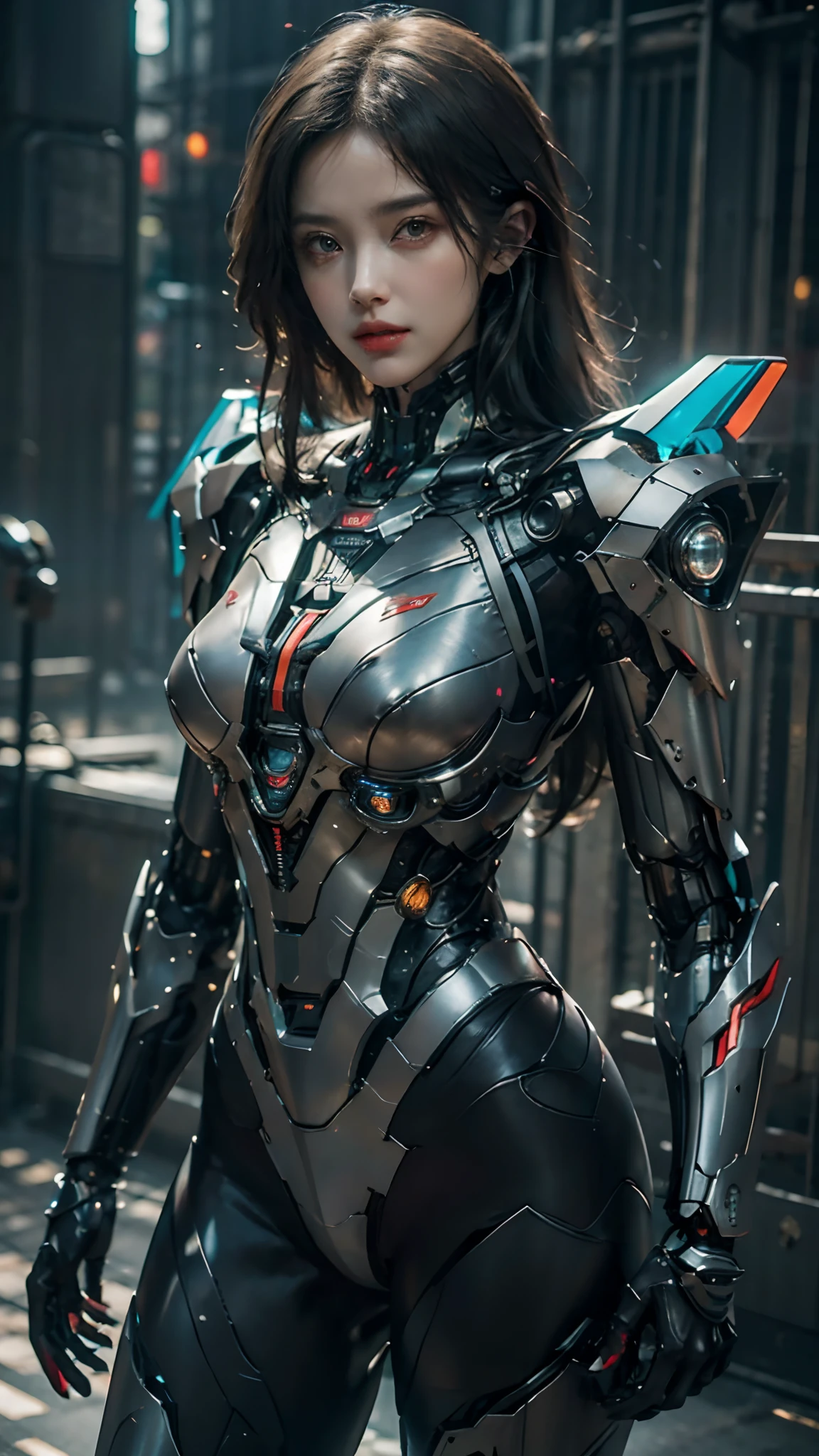 ((masterpiece, The best quality)), illustration, 8K ultra-detailed, realist, sharp focus, Highly detailed, Pro Lighting, Colorful details, Rainbow color break, Super Long Lens Factory, large mechanical robot structure, microchip, computer, luminescence, intricate details, shitu-mecha, 1girl, Use wick, belly button, color image, glow, (cyberpunk)