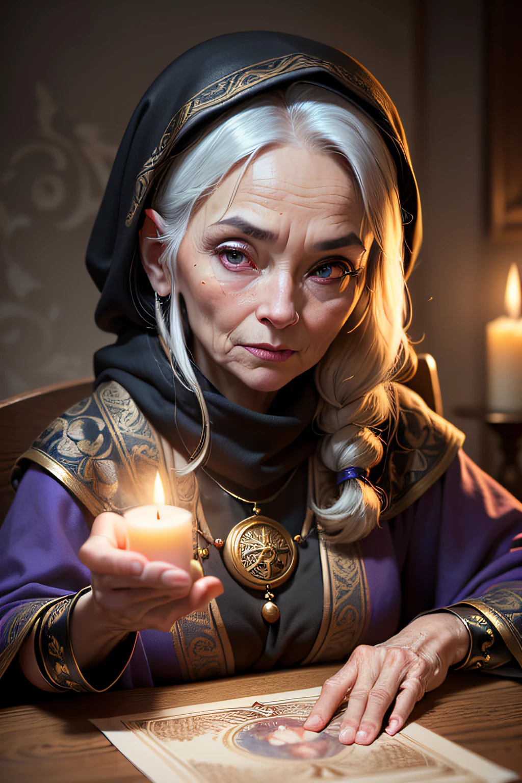 Create an image of an elderly fortune teller sitting at a table with tarot cards scattered all over the surface. The fortune teller should have a mysterious aura, wearing traditional attire like a flowing robe and a scarf over her head, and she should appear elderly with wrinkles and gray hair. Her eyes should be intense and focused, looking directly at the viewer as if peering into their soul. Her mouth should be semi-open, as if she's speaking or about to reveal a secret. The atmosphere should be dimly lit, with candles casting flickering shadows on the walls, enhancing the mystique of the scene. Capture the essence of mystery and intrigue, making the viewer feel captivated and curious about the secrets the elderly fortune teller holds.