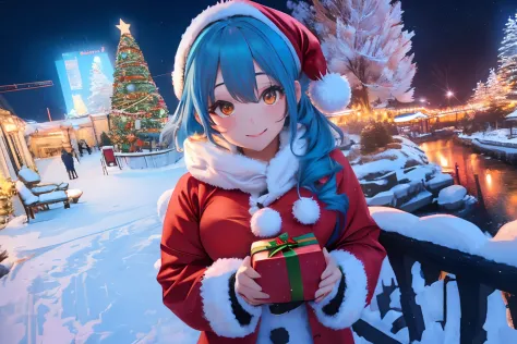 in a snowy city in winter,voluminous and fluffy santa costume,christmas tree,beautiful and fantastic night view,lightblue hair,o...