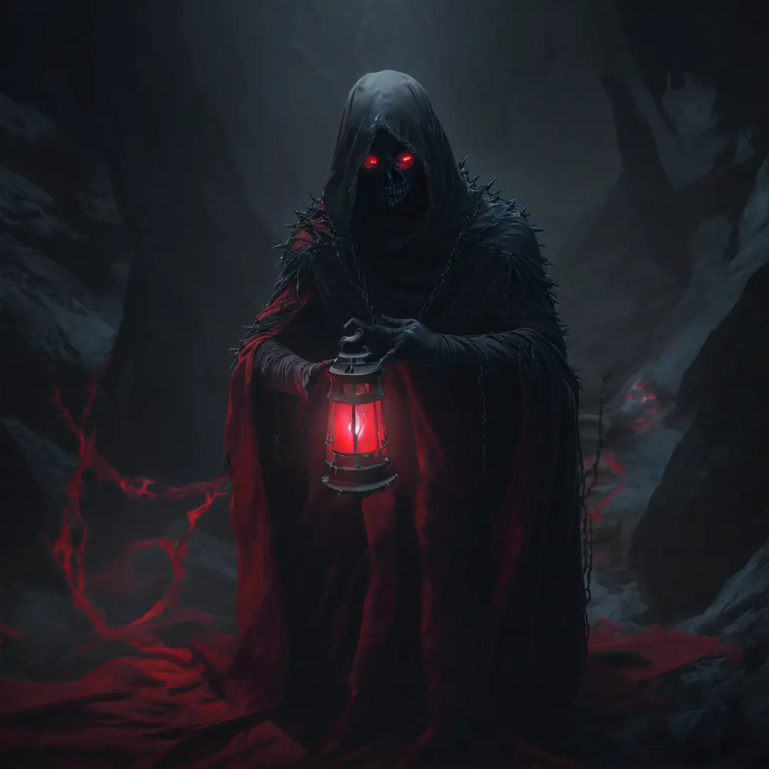 (((8k, very high resolution, masterpiece))), generate a high-resolution image of a wraith, a malevolent spirit that wanders through the mortal realm in search of souls to claim. The wraith should be depicted as a shrouded figure, its face obscured by a red...
