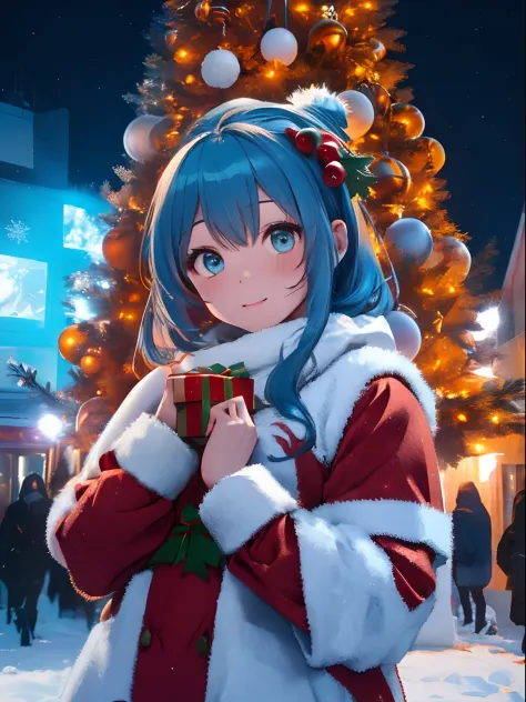 In a snowy city in winter,Voluminous and fluffy Santa costume,Christmas tree,Beautiful and fantastic night view,lightblue hair,O...