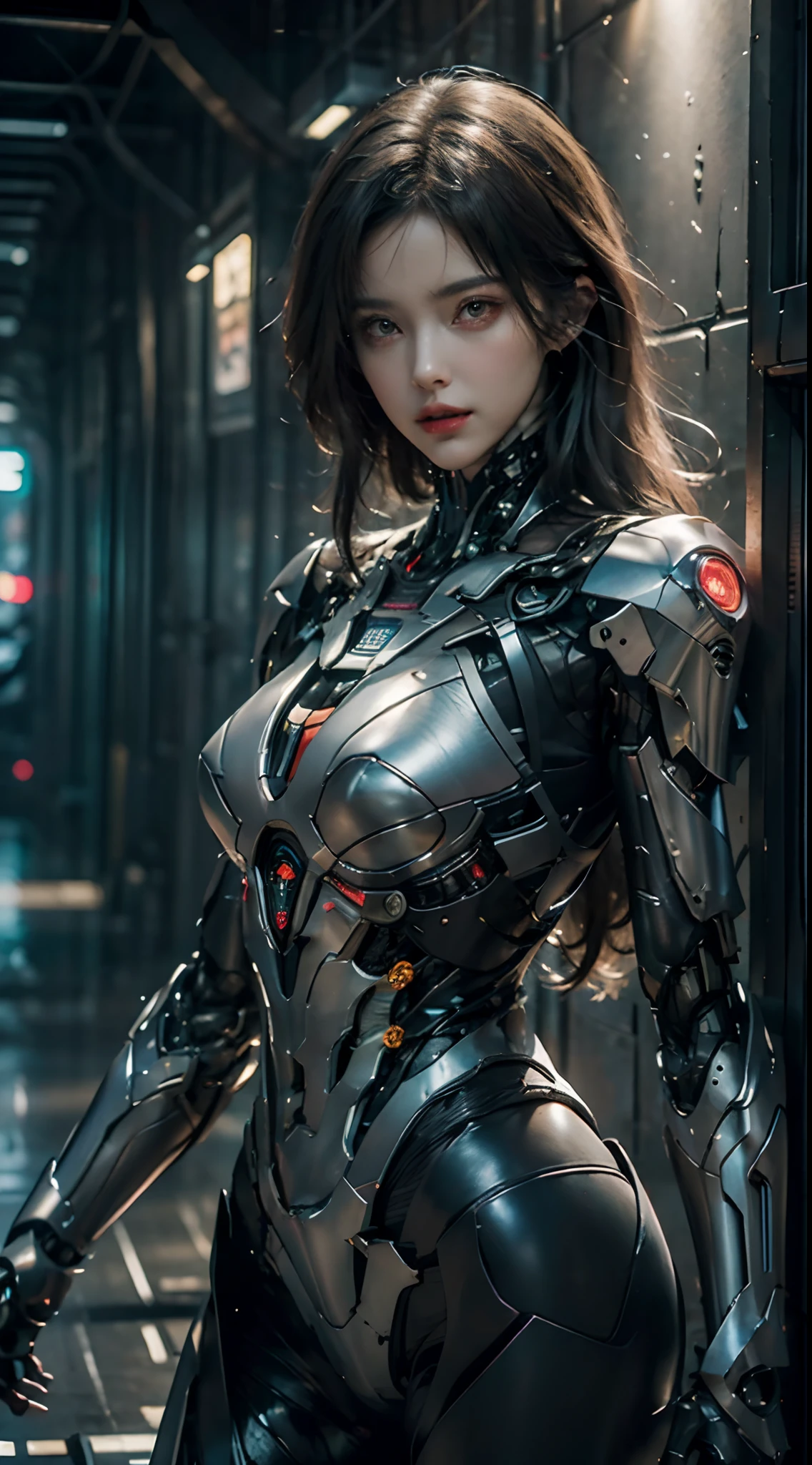 ((masterpiece, The best quality)), illustration, 8K ultra-detailed, realist, sharp focus, Highly detailed, Pro Lighting, Colorful details, Rainbow color break, Super Long Lens Factory, large mechanical robot structure, microchip, computer, luminescence, intricate details, shitu-mecha, 1girl, Use wick, belly button, color image, glow, (cyberpunk)