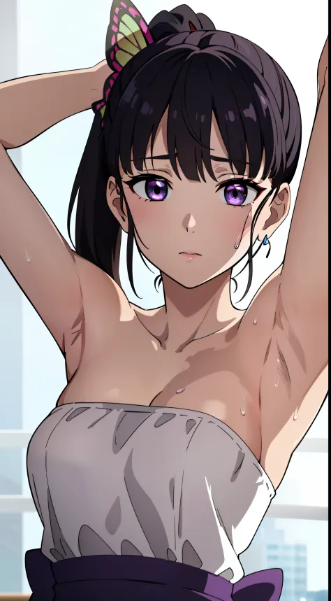 Anime style, Highres, Masterpiece, Best quality at best,Best Quality,hight quality, hight detailed, kanao tsuyuri, black hair, butterfly, butterfly hair ornament, (purple eyes:1.1), side ponytail, ponytail, (Strapless dress), (sweat), (showing armpit:1.3),...