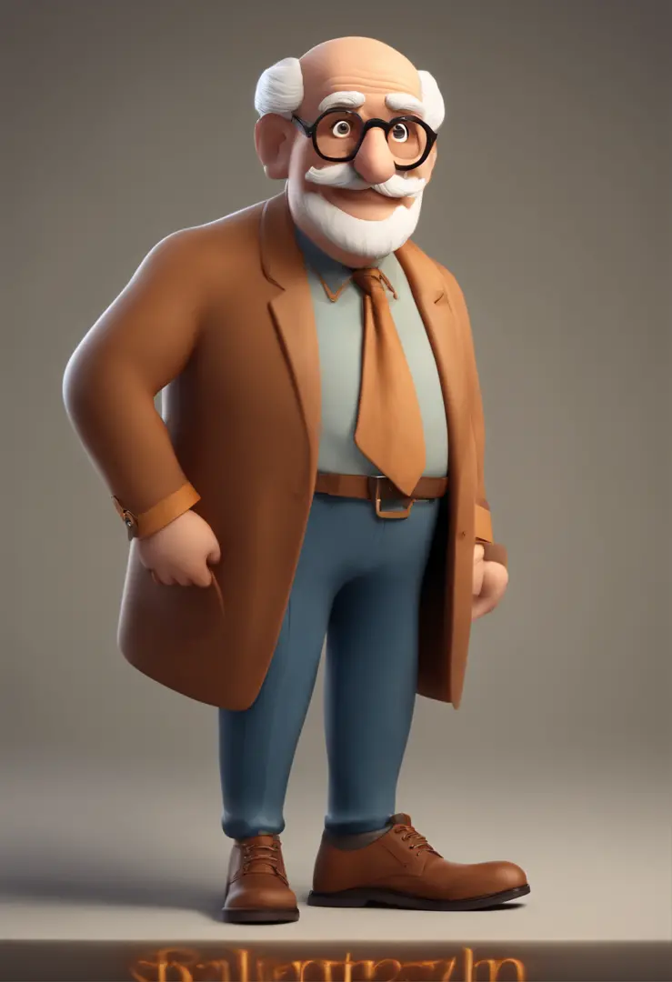 Cartoon character of an elderly man with prescription glasses and a blue shirt, animation character, with a moustache, a gray brandy and a bald head, wearing caramel pants and caramel boots