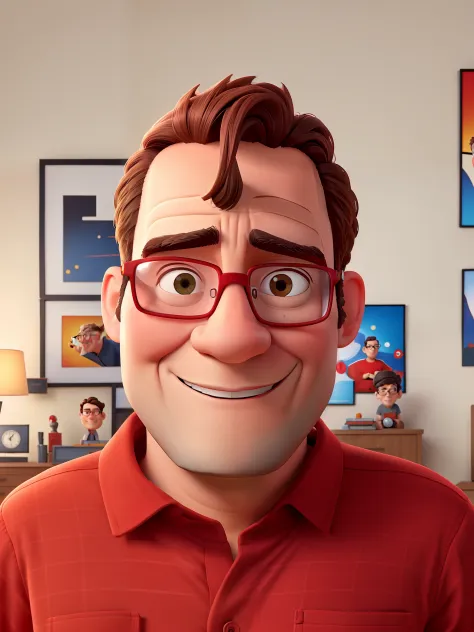 There's a man in glasses and a red shirt posing for a photo, 45 anos, Pixar fan, Graphic design with art frames on background wall.