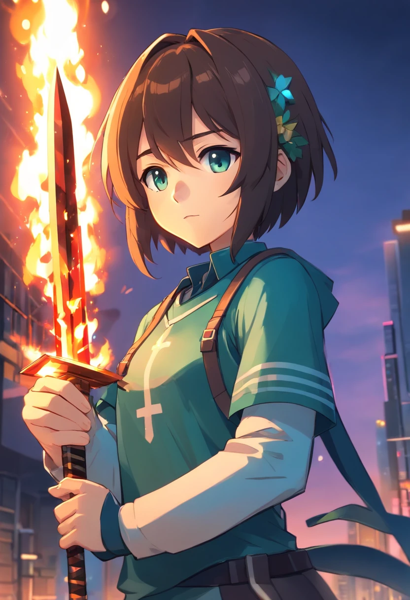 A woman holding a sword in front of a city at night - SeaArt AI