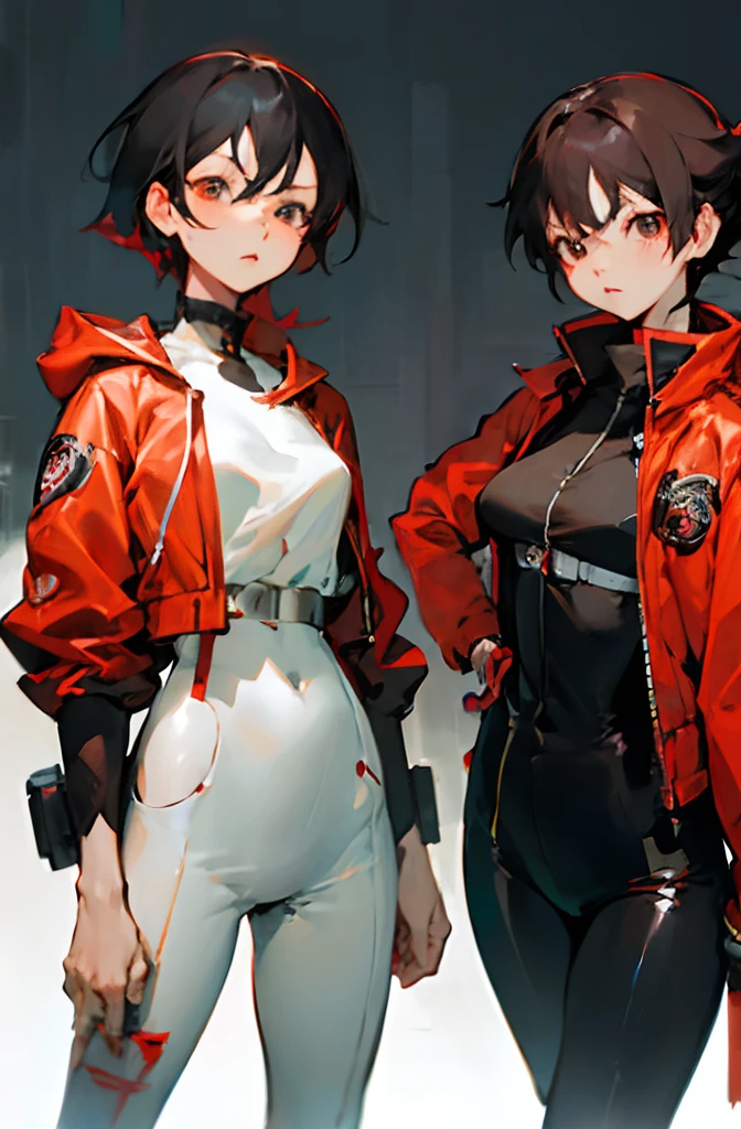 Anime characters in red and black costumes are standing next to each other, Modern anime style, akira style, In the style of Akira, very modern anime style, artgerm and atey ghailan, highly detailed exquisite fanart, akira artstyle, anime style only, Red uniform, guweiz, detailed fan art, :: rossdraws, twinsies