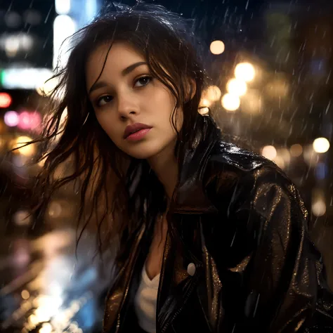 arafed woman in a white jacket standing in the rain, pretty girl standing in the rain, late night raining, raining portrait, rai...