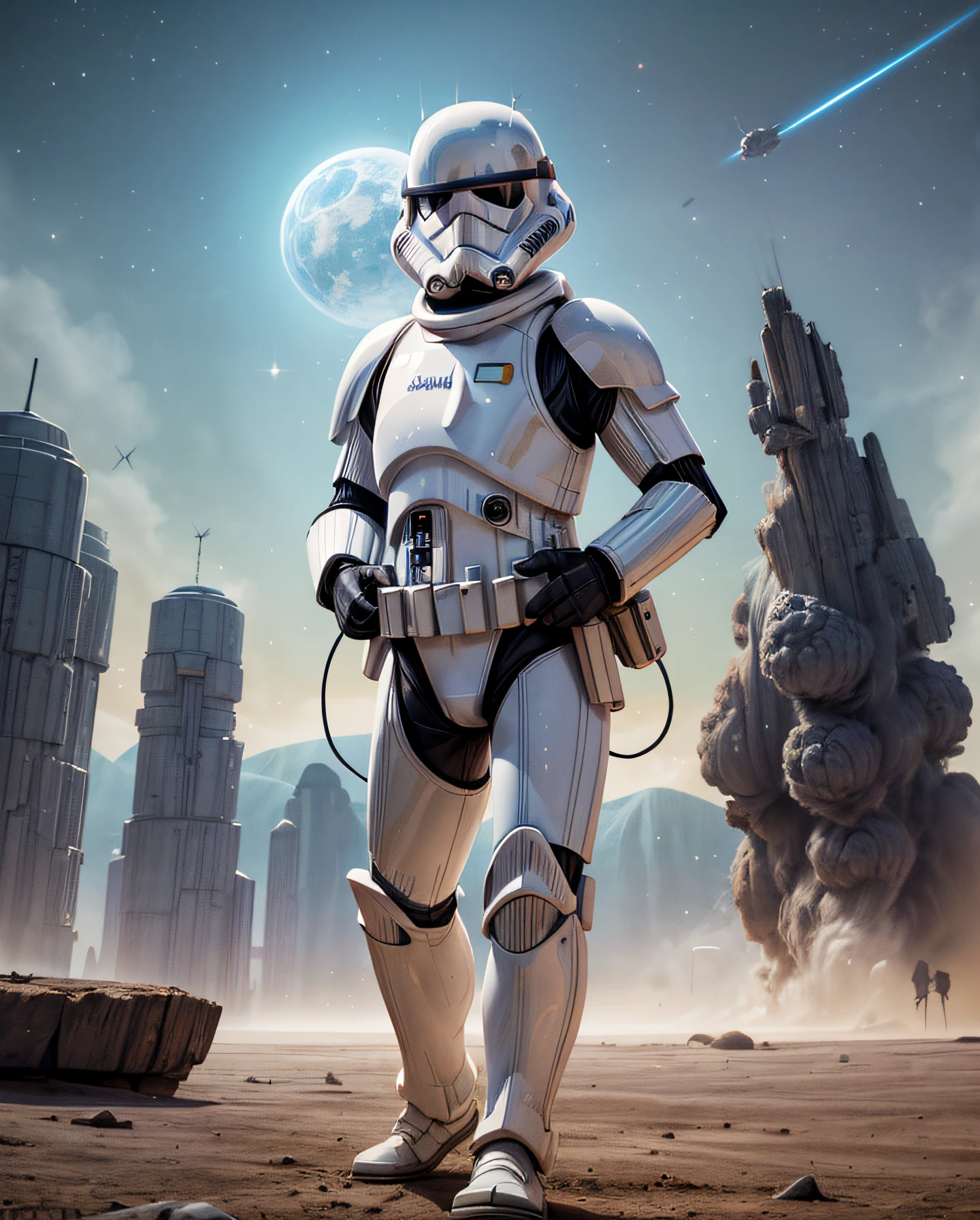 (best quality,highres:1.2),ultra-detailed,(realistic:1.37),portrait:1.1,Star Wars Stormtrooper,white armor,sharp focus,glistening helmet,precise details,menacing visage,battle-worn,heavy blaster rifle,imposing stature,eerie presence,galactic battle,ominous backdrop,dystopian ambiance,dramatic lighting,dark shadows,intense contrast,vivid colors,sci-fi genre-icon,set in the vastness of space,empire,imperial symbol,interstellar war,alien planets,deep space exploration,starships,otherworldly technology,intergalactic adventure,courageous rebels,determined heroes,epic battle scenes,hidden hope amidst chaos,iconic franchise,legendary saga,mythical realm,pop culture phenomenon, galaxy background,