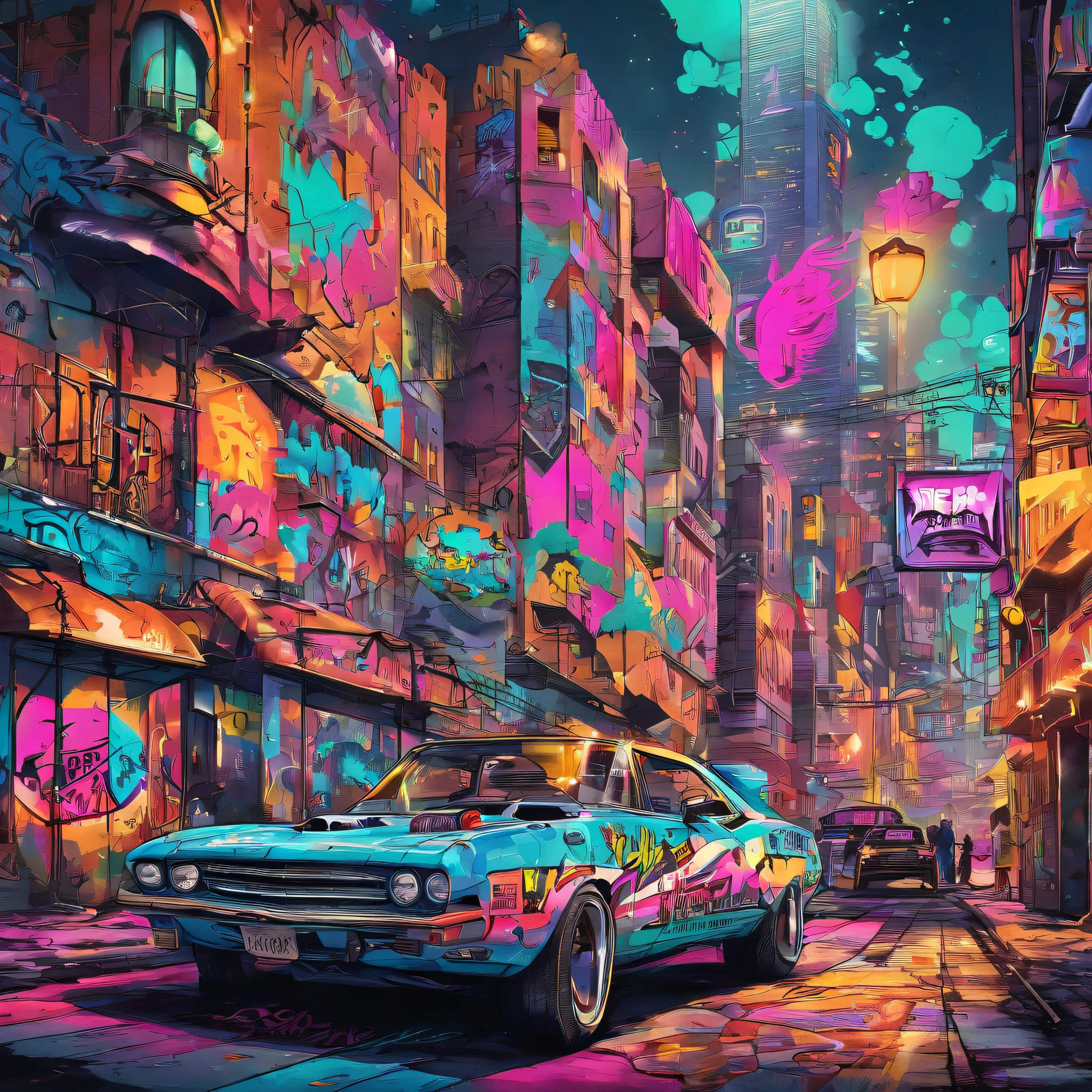 A painting of a car parked on a city street at night - SeaArt AI