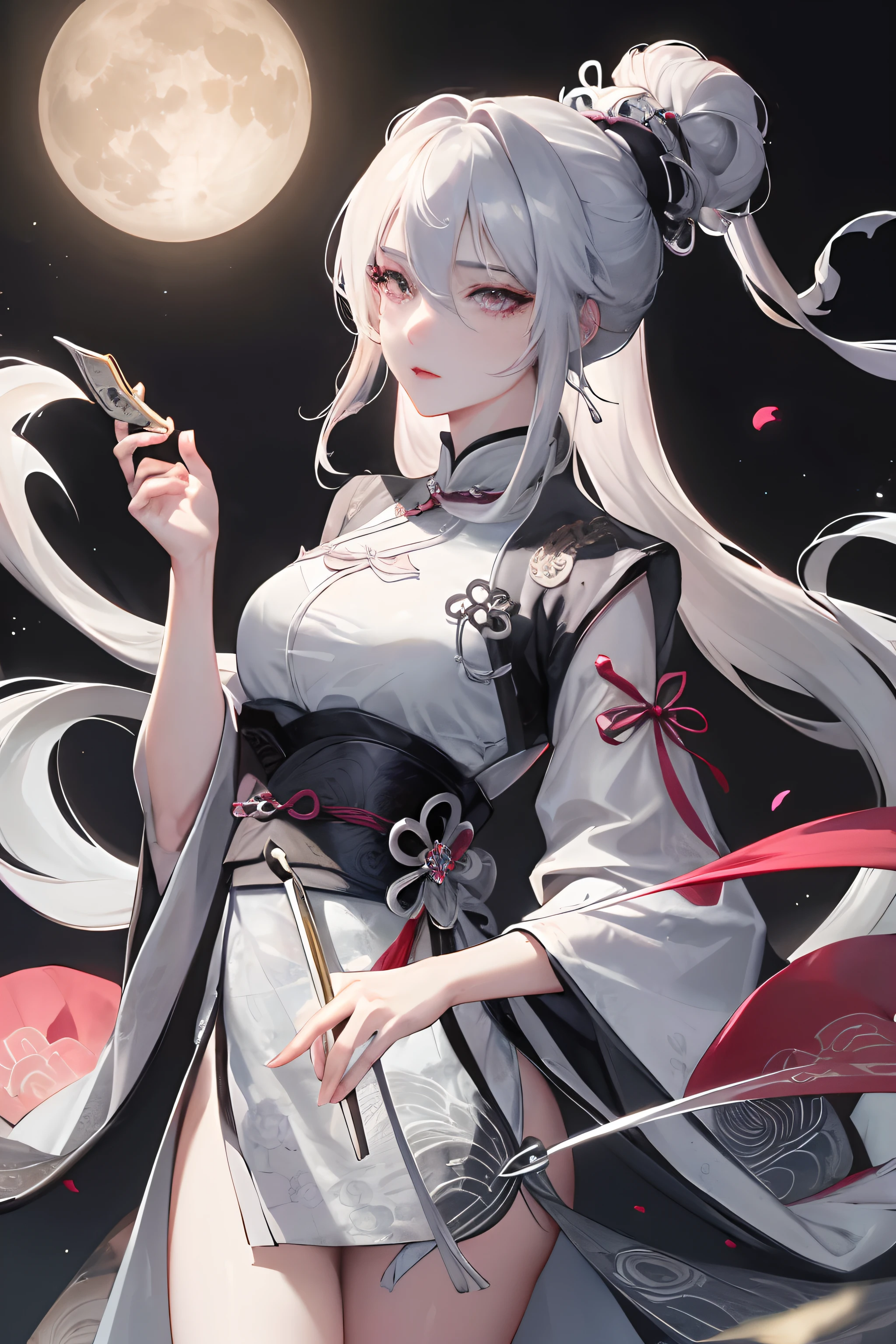 masterpiece, exquisite, night, full moon, one girl, mature, chinese style, ancient china, sister, royal sister, cold expression, expressionless, woman with long silver white hair, light pink lips, calm, intelligent, tribelt, gray pupil, assassin, short knife, flower ball background, cityscape walk