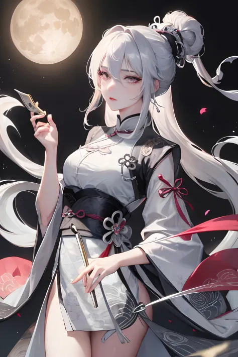 masterpiece, exquisite, night, full moon, one girl, mature, chinese style, ancient china, sister, royal sister, cold expression, expressionless, woman with long silver white hair, light pink lips, calm, intelligent, tribelt, gray pupil, assassin, short kni...