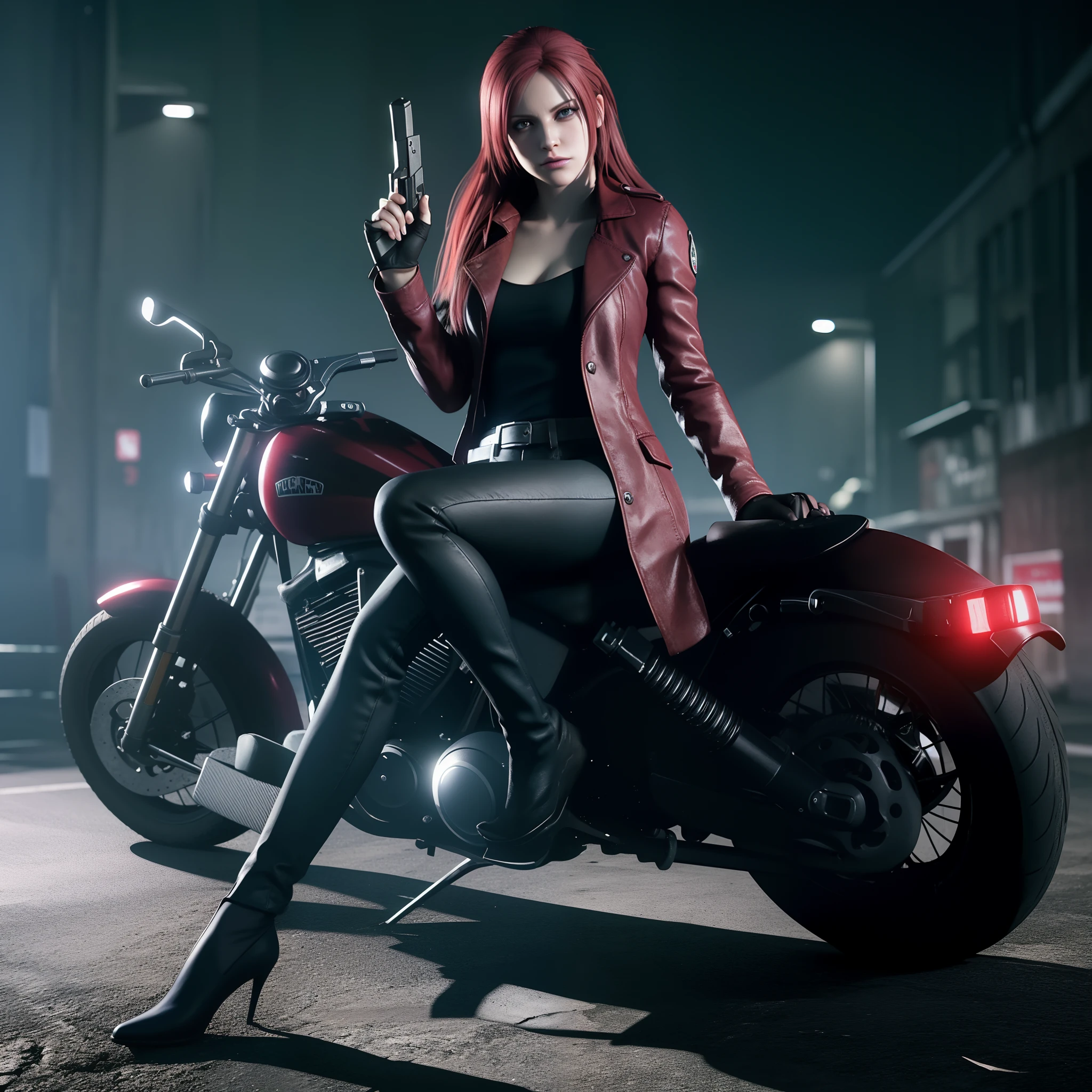 Araffe woman in leather outfit sitting on a motorcycle with a gun - SeaArt  AI