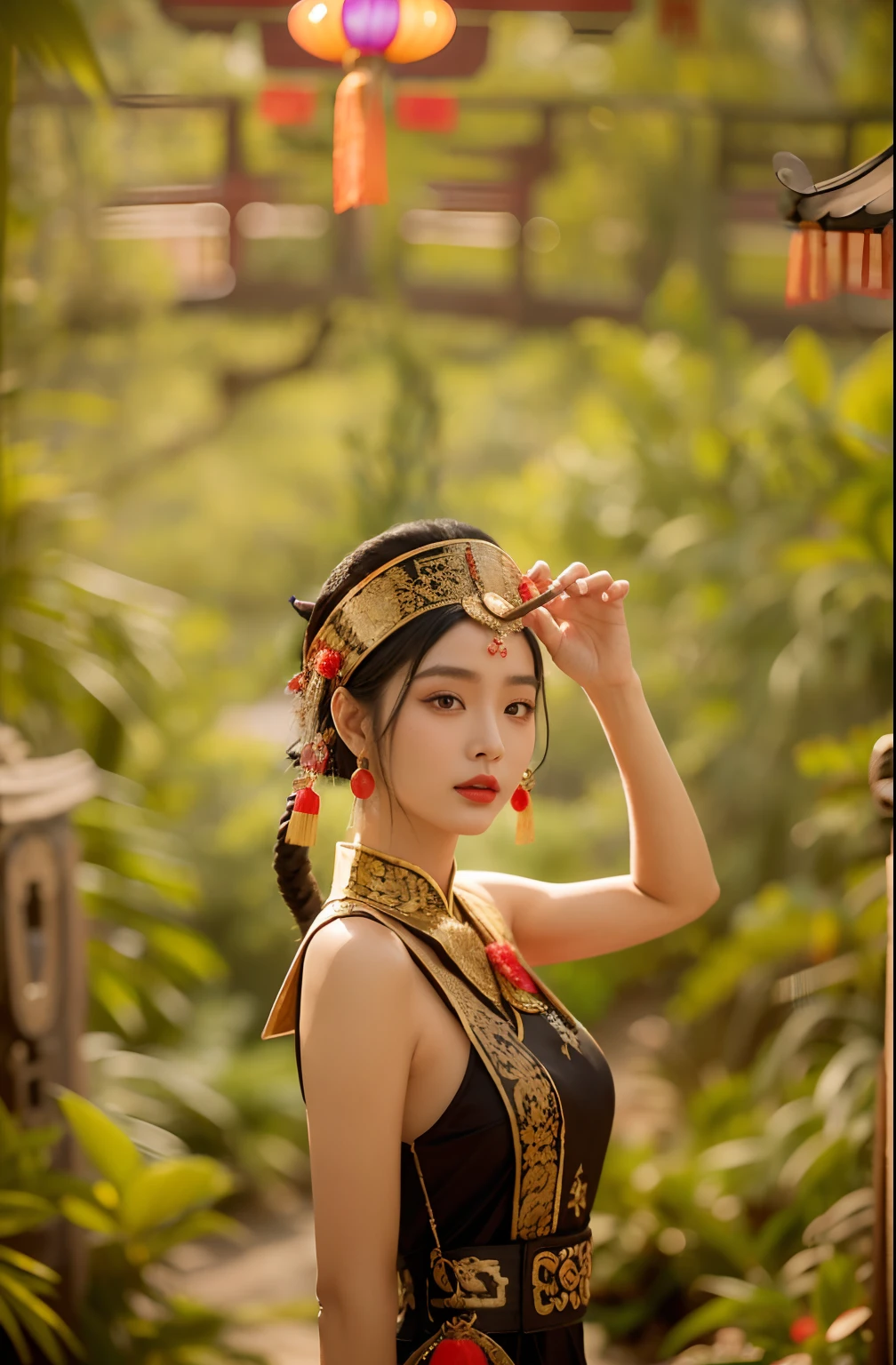 Arafi woman in a black dress and a snake hat on her head, Traditional beauty, Chinese woman, Chinese traditional, shaxi, Chinese girl, traditional tai costume, inspired by Miao Fu, tai traditional bronze headdress, ornate korean polearm behind her, Beautiful oriental woman, shot on nikon d 3 2 0 0, inspired by Jin Nong