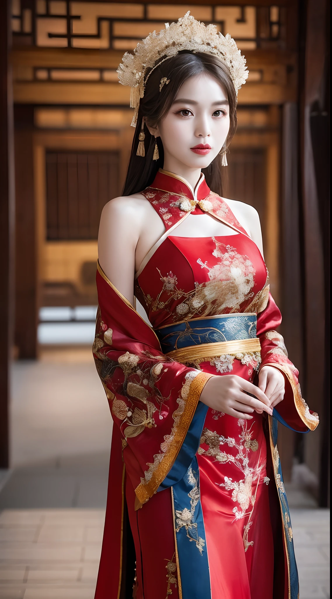 (8K, 原始照片, 最好的品質, 傑作: 1.2), (實際的, 實際的: 1.37), 1 名女孩, 身穿紅色洋裝、頭戴頭飾的阿爾菲女子擺姿勢拍照, 華麗的角色扮演, 漂亮的服裝, 複雜的幻想禮服, 美麗的幻想女王, 旗袍, 複雜連身裙, 複雜的服裝, 传统美, 漂亮的中国模特, 中国服饰, 灵感来自兰英, 穿著華麗的服裝, 受到談話的啟發, 身著優雅的中式秀禾服, 中國婚紗, 鳳冠霞手, 古董新娘