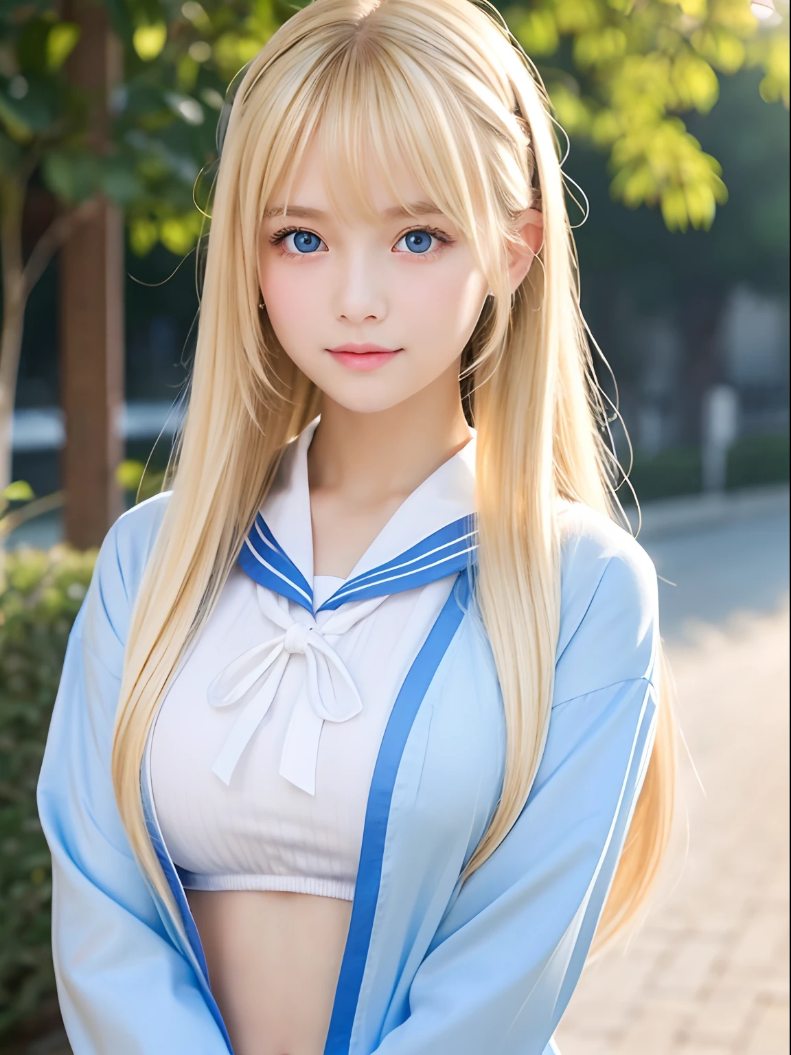 chica de 15 años、cara muy adorable、mirada muy cariñosa、expresión brillante、Calidad fotográfica auténtica、Extraordinaria belleza sexy、blanco, shiny smooth blanco skin、poneyTail、Hermoso bangs、((Rubia natural super larga, suave, brillante y muy bonita.)),Hermoso Super Long Straight Silky Hair、mirando a la camara、Mujercita joven sexy hermosa linda muy perfecta、Cara hermosa y linda muy perfecta.、Hermoso, claro, ojo grande、ojos azul claro pálido、pechos grandes y llenos、ropa de estudiante、trajes de marinero japonés、cara bonita、Belleza de cara pequeña、Cara brillante、Teak Gloss、Ojos azules marinos brillantes