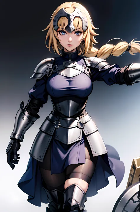 1girl, solo, (masterpiece), best quality, expressive eyes, perfect face, jeannedarc, jeanne darc, blonde hair, blue eyes, long hair, armor, armored boots, armored dress, black gloves, black thighhighs, braid, dress, gauntlets, gloves, headpiece, blue dress...