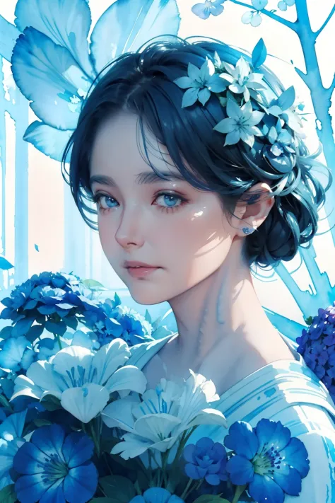 1girl, wearing hydrangea blue flower on her head, lisianthus ,in the style of light blue and cobalt, dreamy and romantic composi...