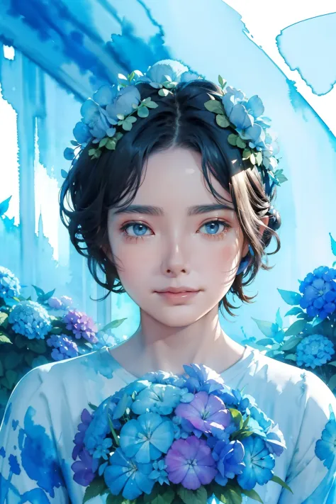 1girl, wearing hydrangea blue flower on her head, Lisianthus ,in the style of light blue and cobalt, dreamy and romantic composi...