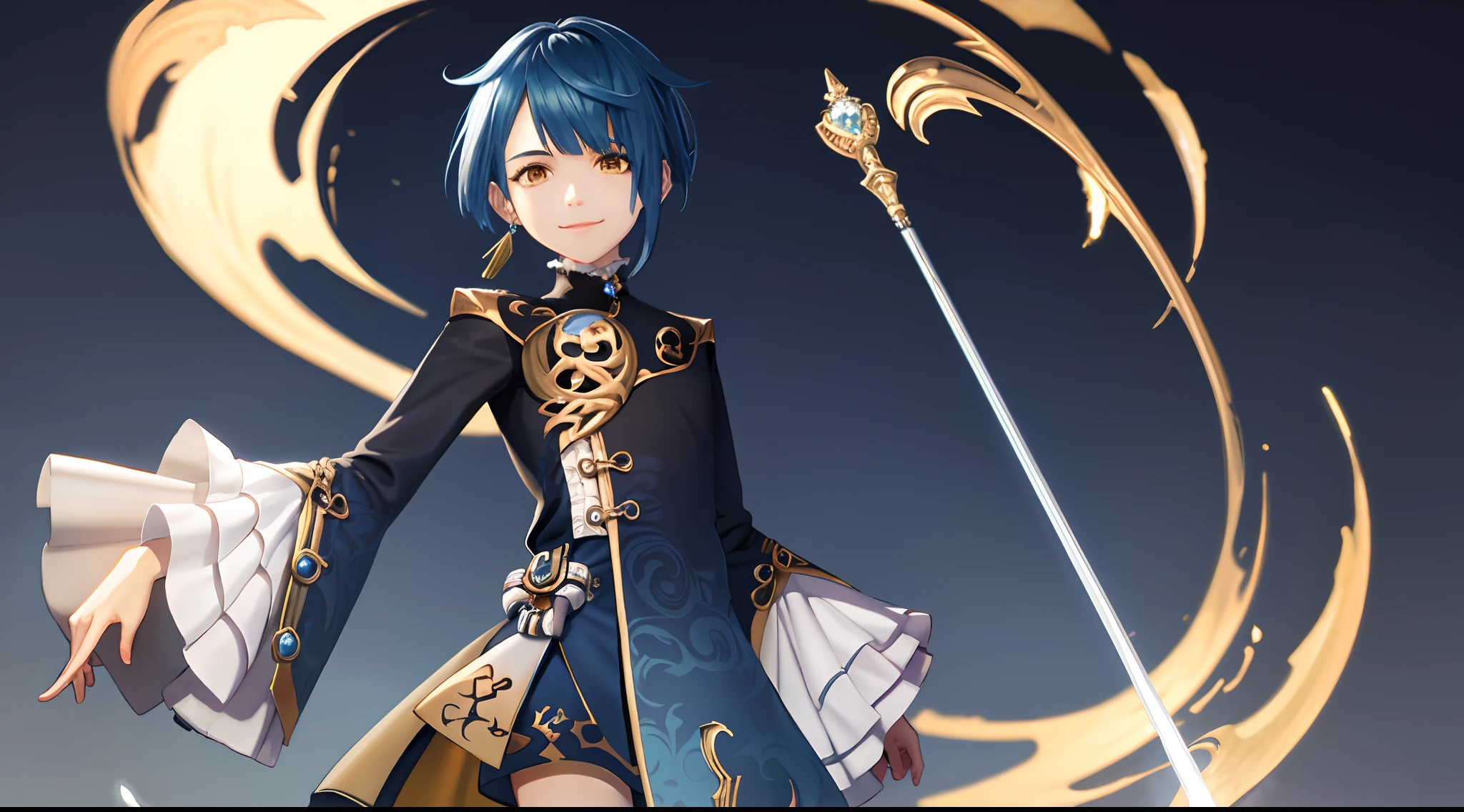 masterpiece, best quality, smooth, highly detailed, absurdres, animated, artstation, Full Shot, slim, skinny, young 1boy standing, smirk, cute, solo, jewelry, blue hair, frilled sleeves, shiny yellow eyes, frills, looking at viewer, long sleeves, bangs, tassel earrings, magical wand, from below, (winter background:1.2), (kbxll:0.6)