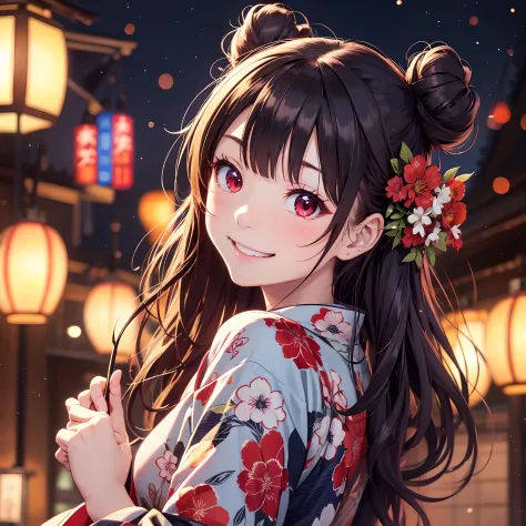 masutepiece、Best Quality、超A high resolution、Detailed limb depiction、Red Eyes、Kimono in tricolor color、1 girl in、Smile with your mouth wide open、Cute smile、A dark-haired、Bun hair、looking left、Blurry night background、