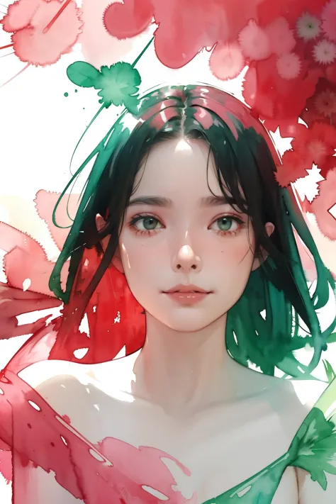 1girl, holding  slice of watermelon ,in the style of light red and green, dreamy and romantic compositions, pale pink, ethereal ...